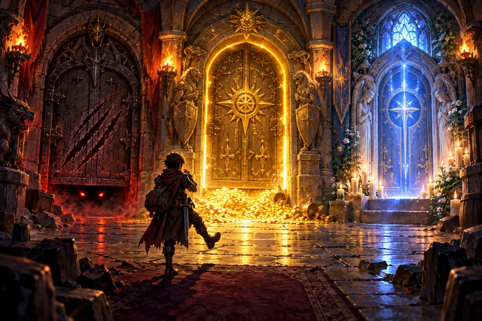 A monster door, a treasure door and a shrine door