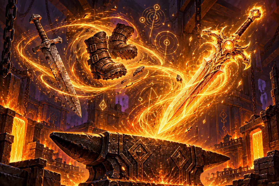 Two items fuse into a legendary sword on an anvil