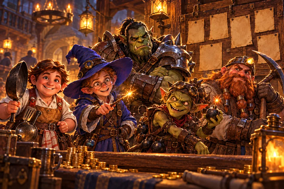 Adventurers queue at a tavern counter to be hired