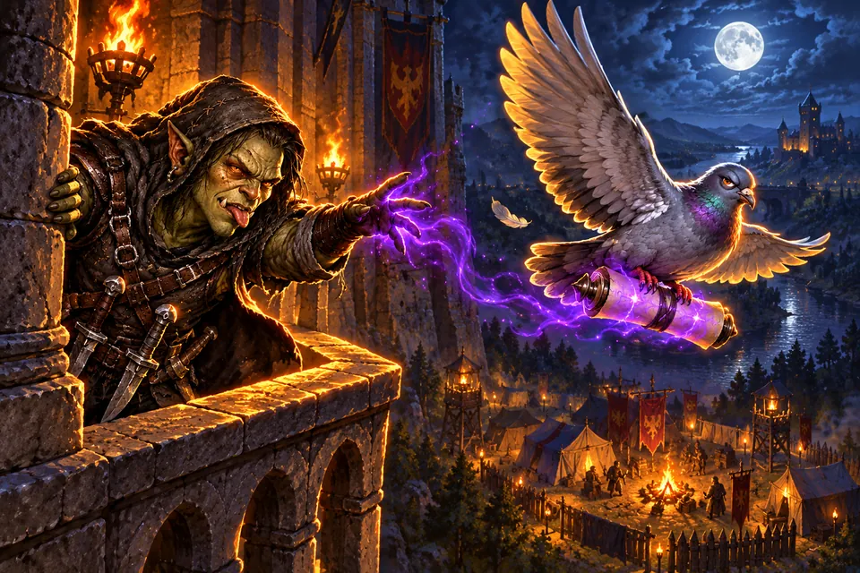 Gax, a hooded orc, sends a cursed pigeon toward a rival camp