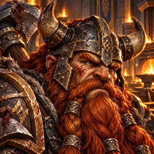 Grumbold, a red-bearded dwarf in a horned helmet