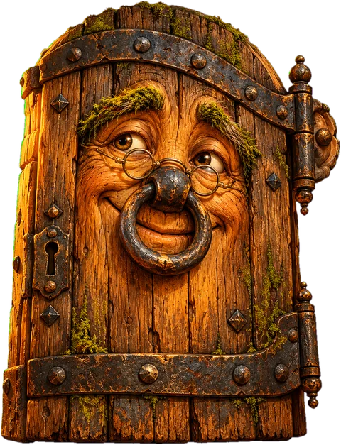 Old Hinge, a talking wooden door with spectacles and a ring-knocker nose
