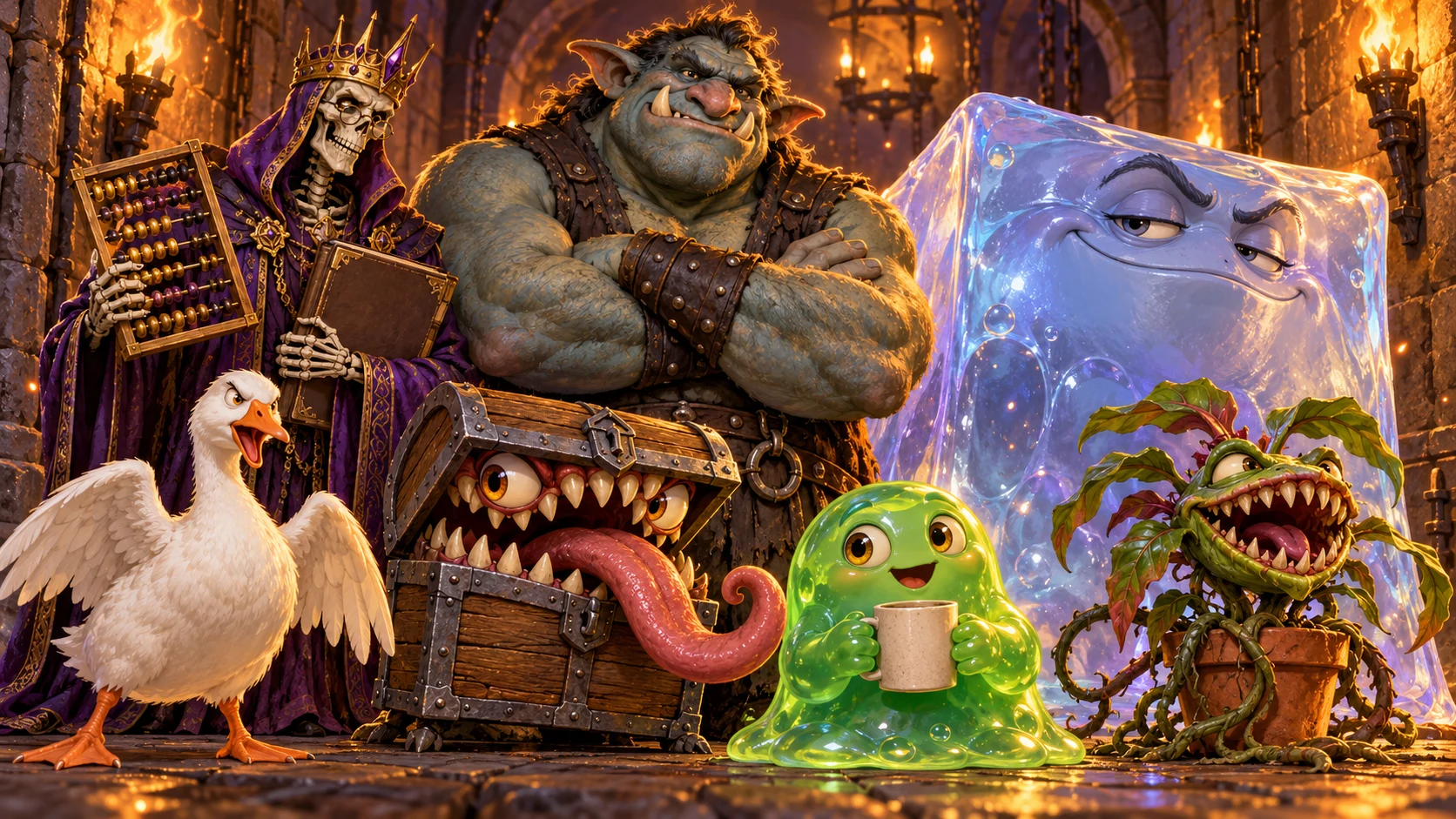 Group shot of monsters: a goose, a lich accountant, a mimic, a troll bouncer, slimes and a plant