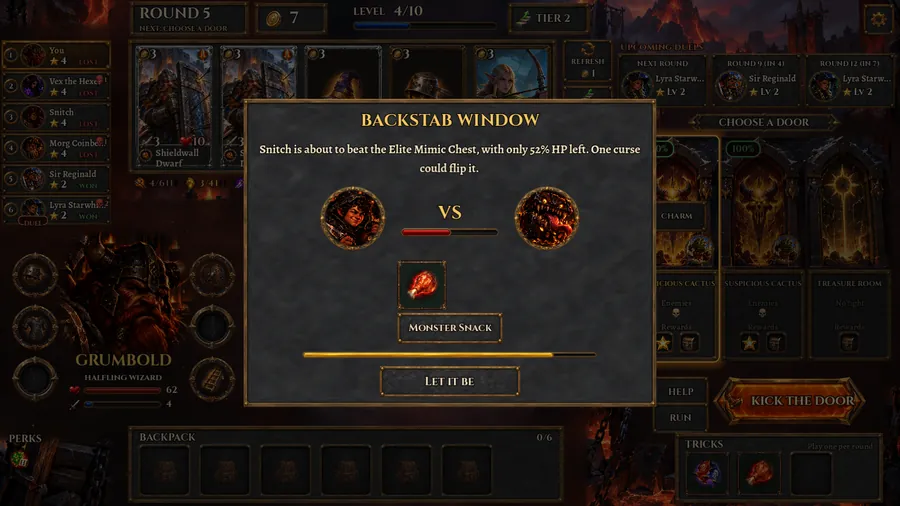 Backstab Window: Snitch is about to beat the Elite Mimic Chest with 52% HP left, and you can play Monster Snack to flip it