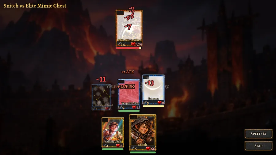 Snitch's party fights the Elite Mimic Chest, with damage numbers and +2 ATK buffs flying