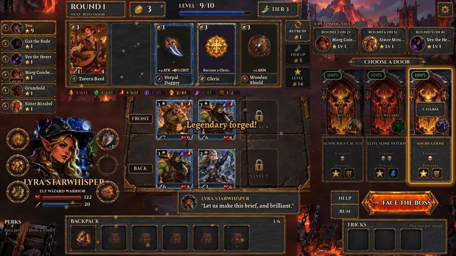 The shop at level 9 of 10: Lyra Starwhisper with orc followers on the board, gear sockets, trait counters and a 'Legendary forged!' banner, with the boss door next