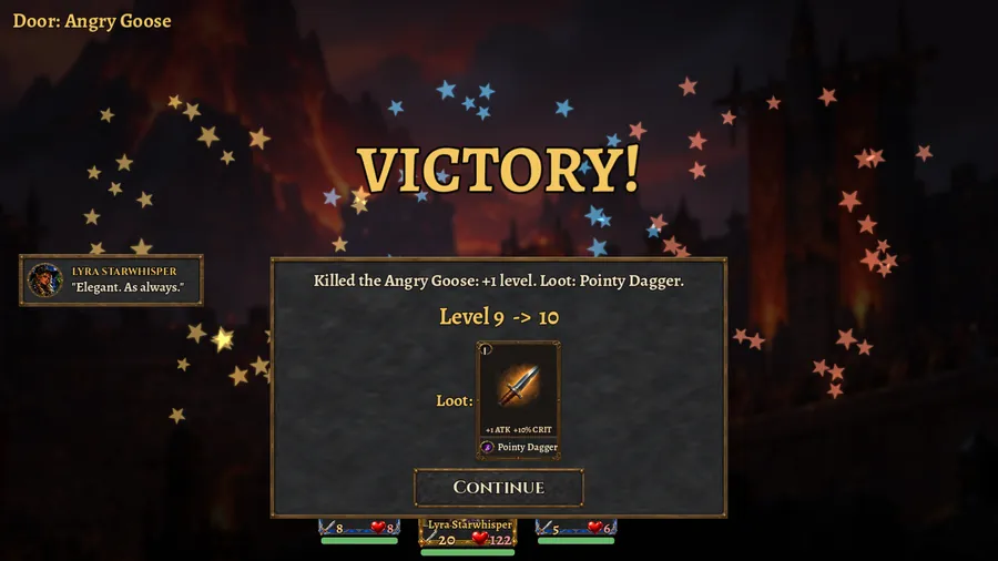 Victory screen: level 9 to 10, with a Pointy Dagger as loot